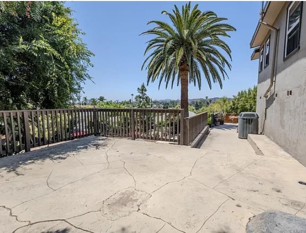 Mature Canary Island date palm in an Old Escondido residential setting with a full green crown and clear trunk structure.
