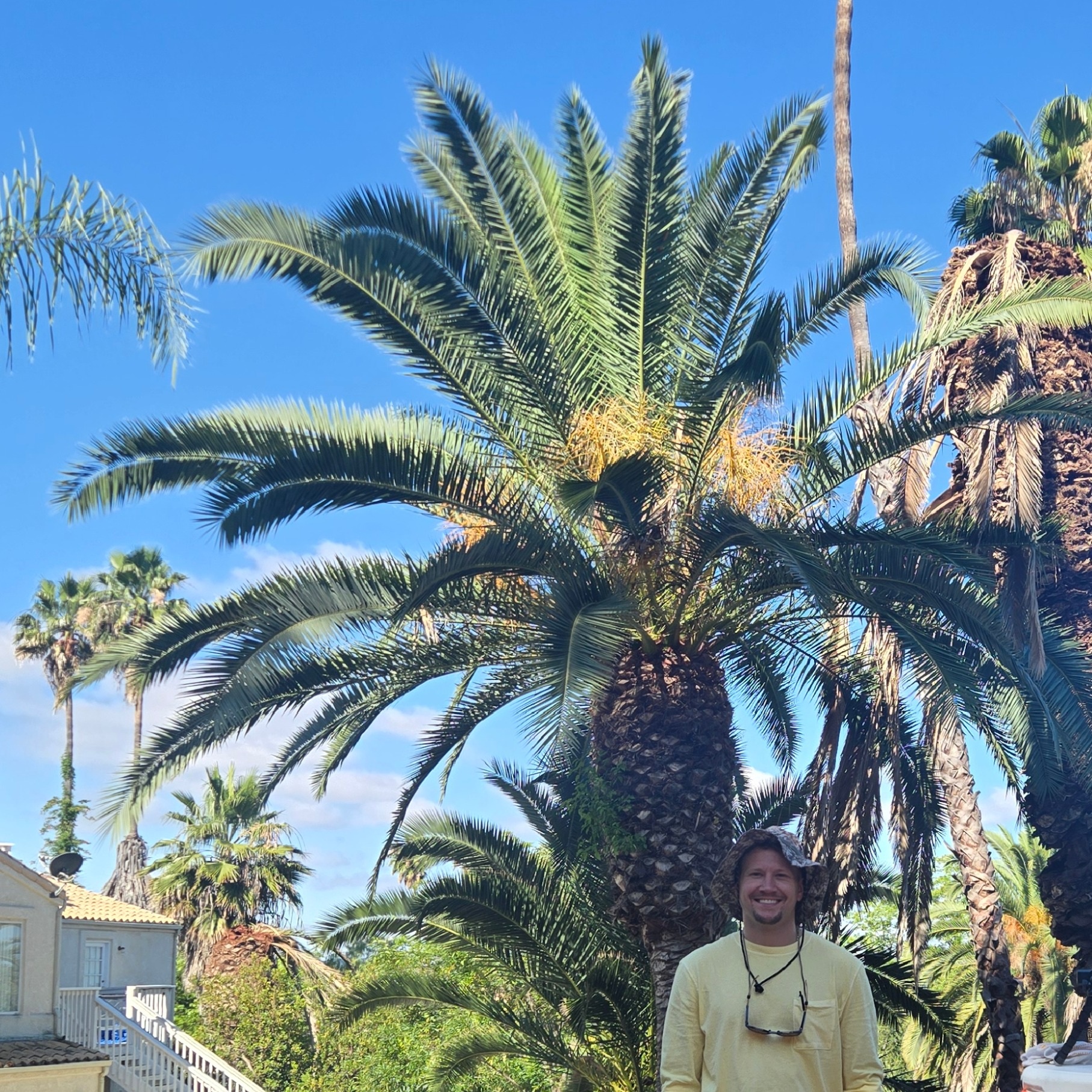 John Krause standing with a mature Canary Island date palm in Old Escondido
