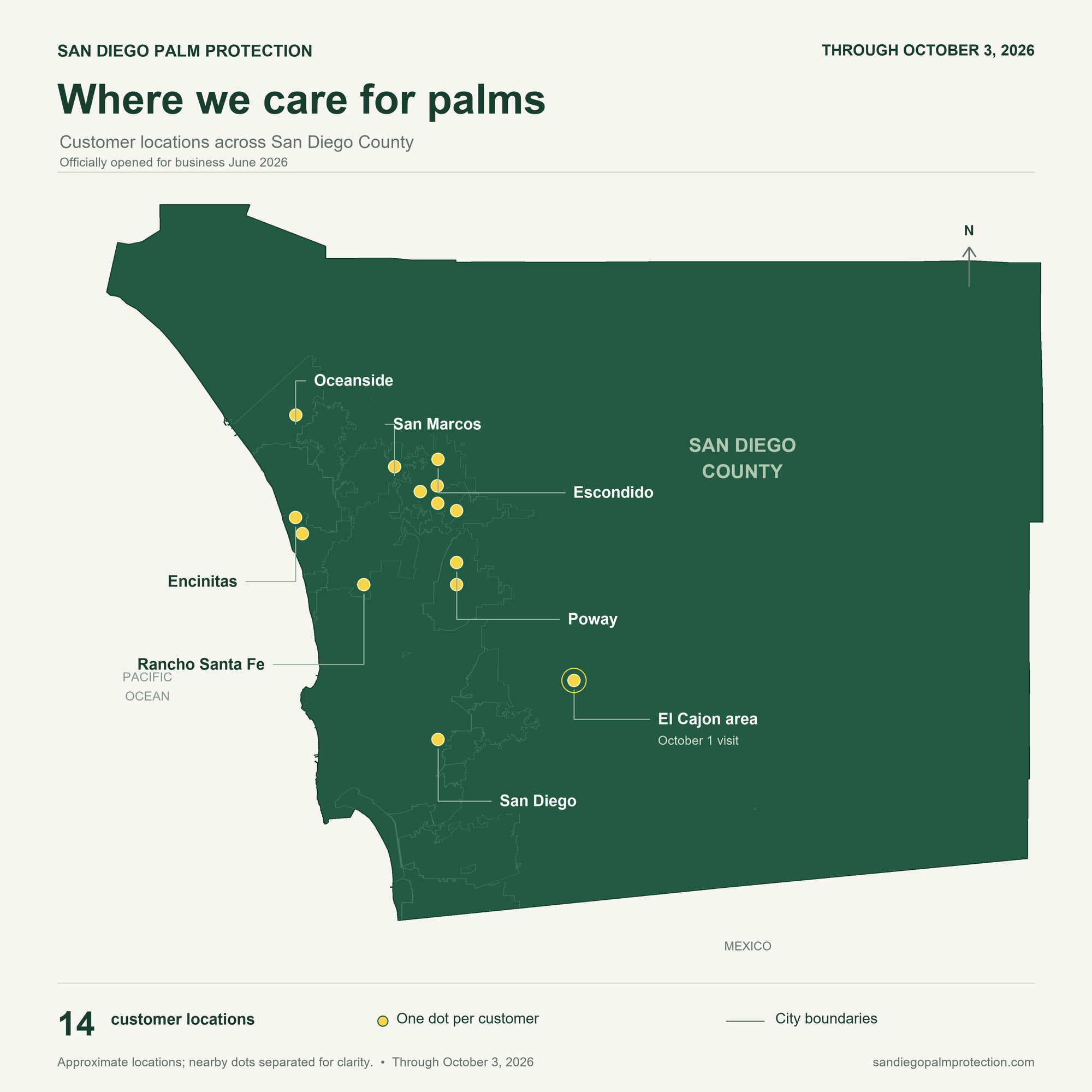 Green San Diego County map with subtle city boundaries and fourteen yellow customer markers, current through October 3, 2026. SDPP officially opened in June 2026.